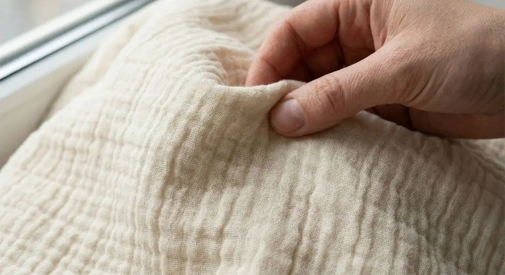 Struktura splotu double gauze muślin bawełniany z bliska